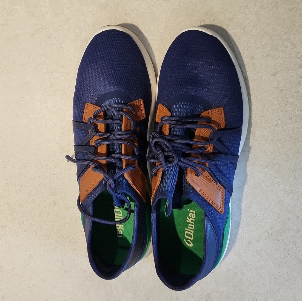OluKai Blue and Brown Sneakers with Leather Accents